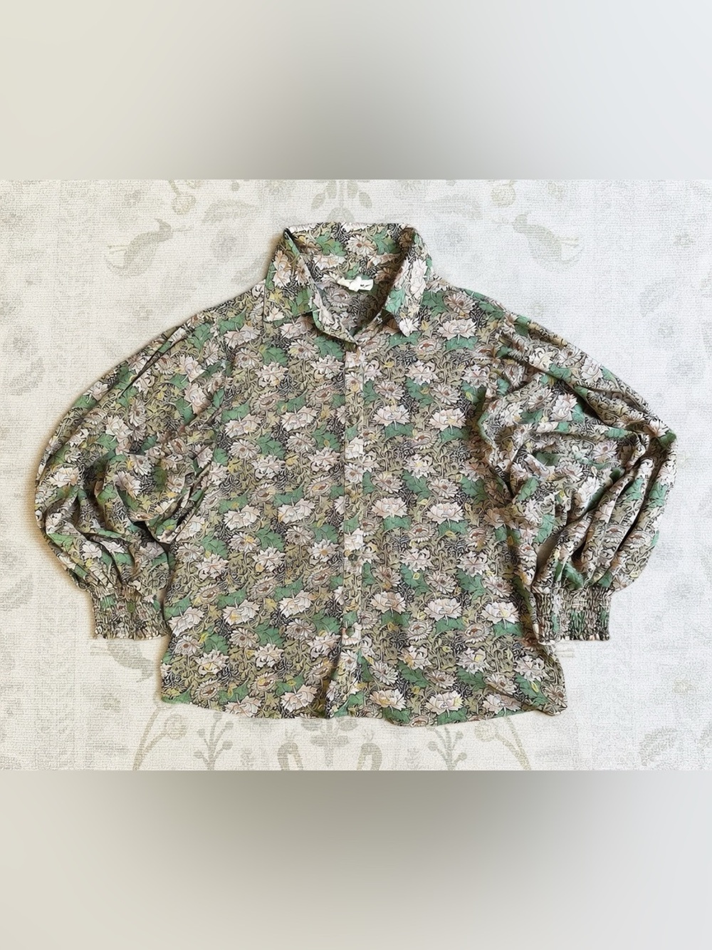 ee:some Green Floral Puff Sleeve Button Down Poet Blouse Shirt Sz S